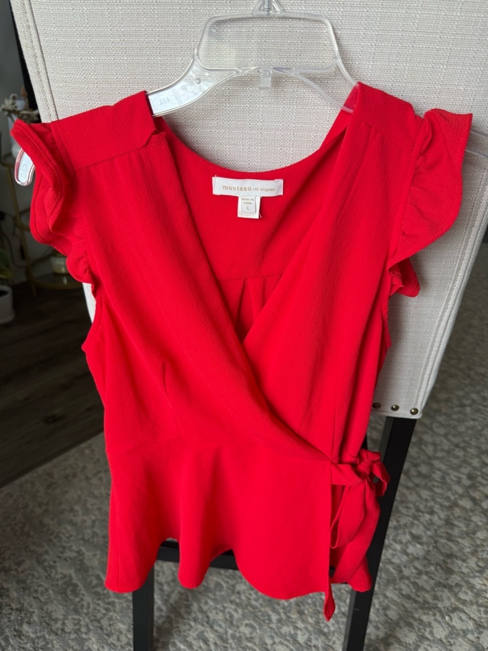 Monteau Los Angeles Red Wrap Blouse Ruffle Sleeve Peplum Top Size L